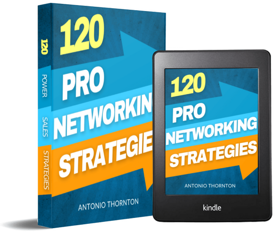 An iPad and a real book with blue and white colors and text says 120 Pro Networking Strategies